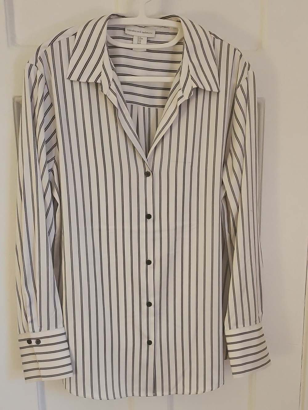 cupcakes & cashmere White Dress Shirt with Black Vertical Stripes
